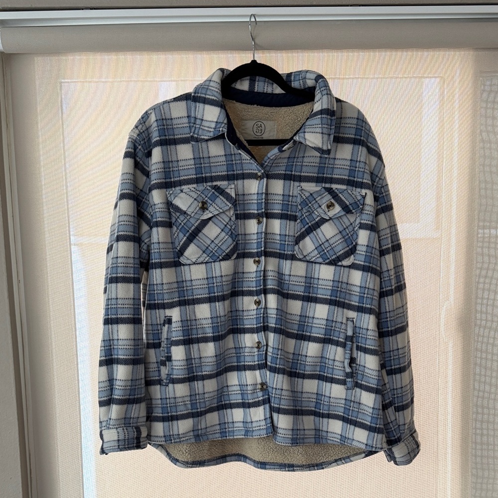 Plaid Sherpa-Lined Shirt Jacket in Blue
